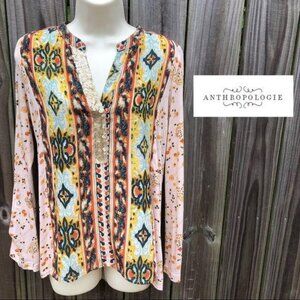 Anthropologie Tiny Top Small Sequin Blouse 3/4 Sleeve Pleated Pink Floral Devas
